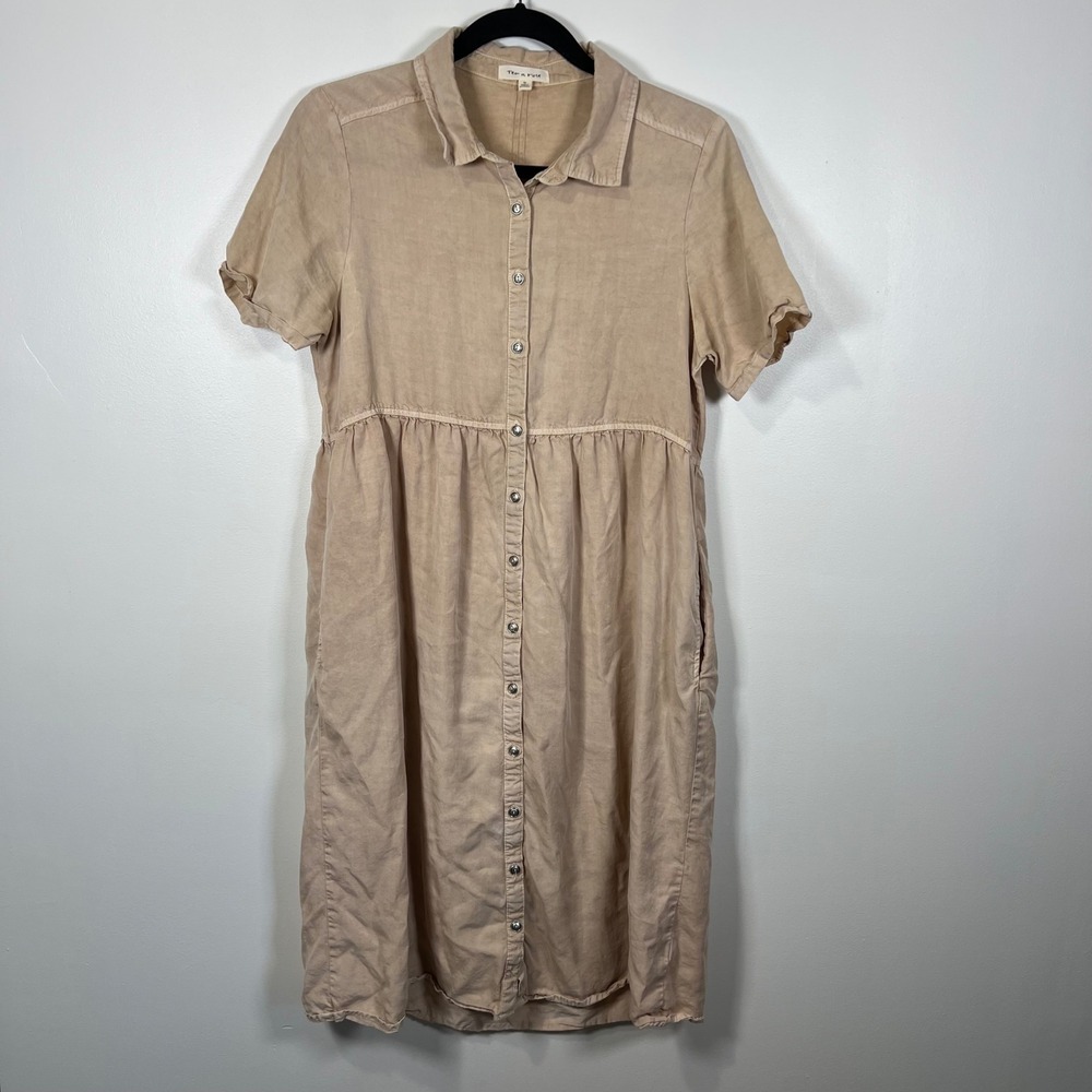 Tea n Rose Womens Tencel Button Down Empire Waist Shirt Dress Tan Medium